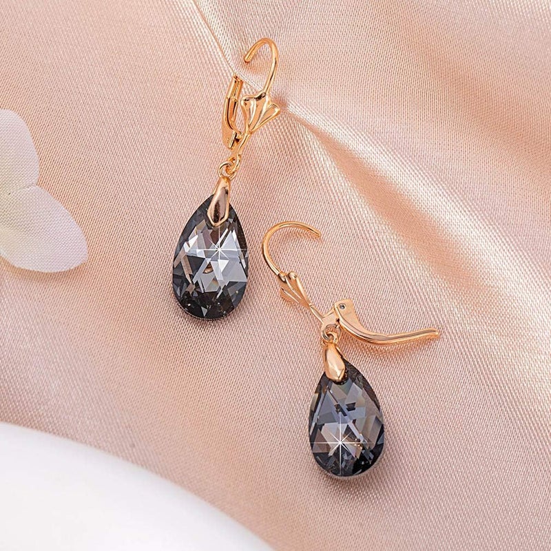 EVEVIC Austrian Crystal Teardrop Leverback Dangle Earrings for Women Fashion 14K Gold Plated Hypoallergenic Jewelry (Black) - Image 5